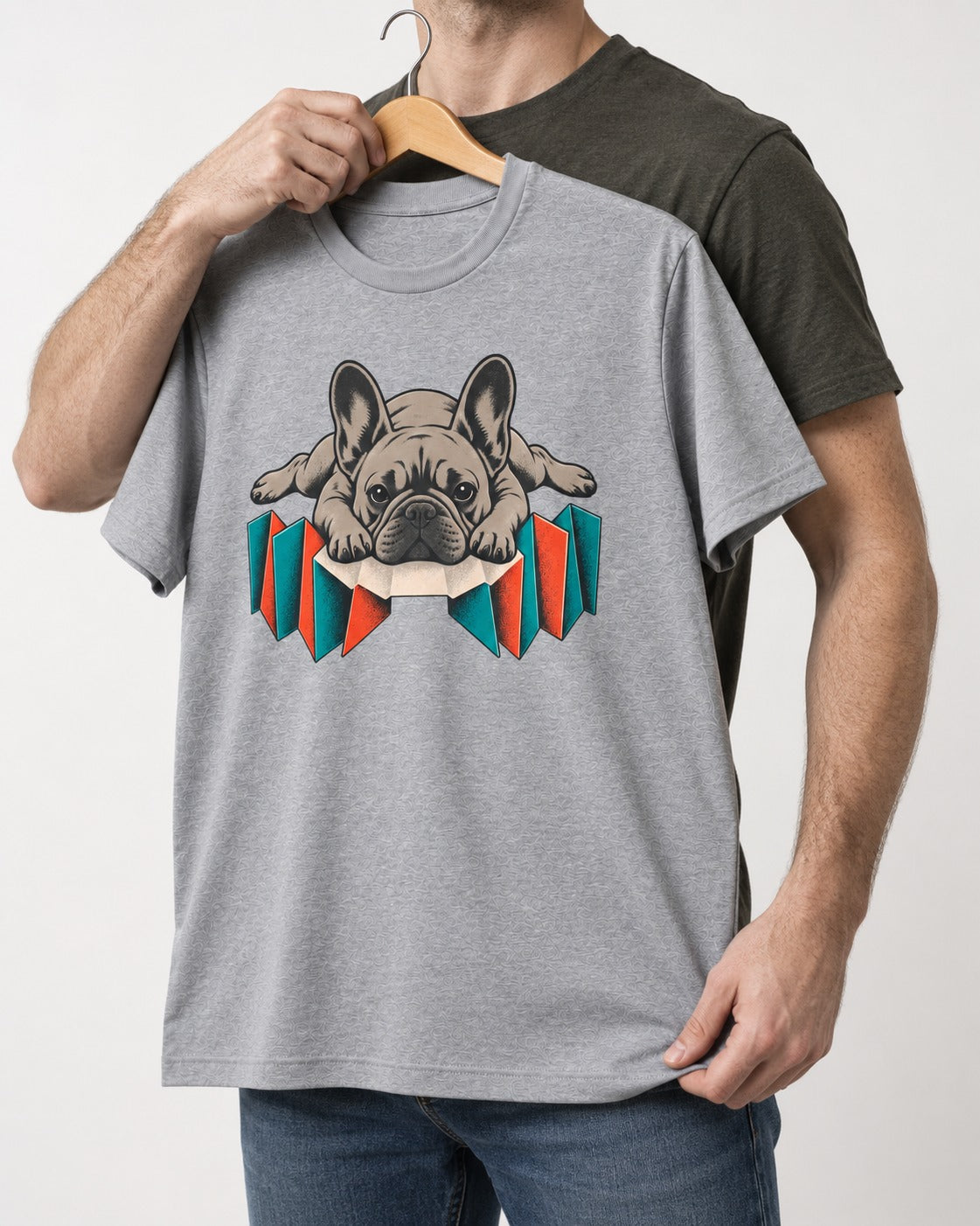 Frenchie Sploot Press Graphic T-Shirt in Sport Grey, held up on a hanger