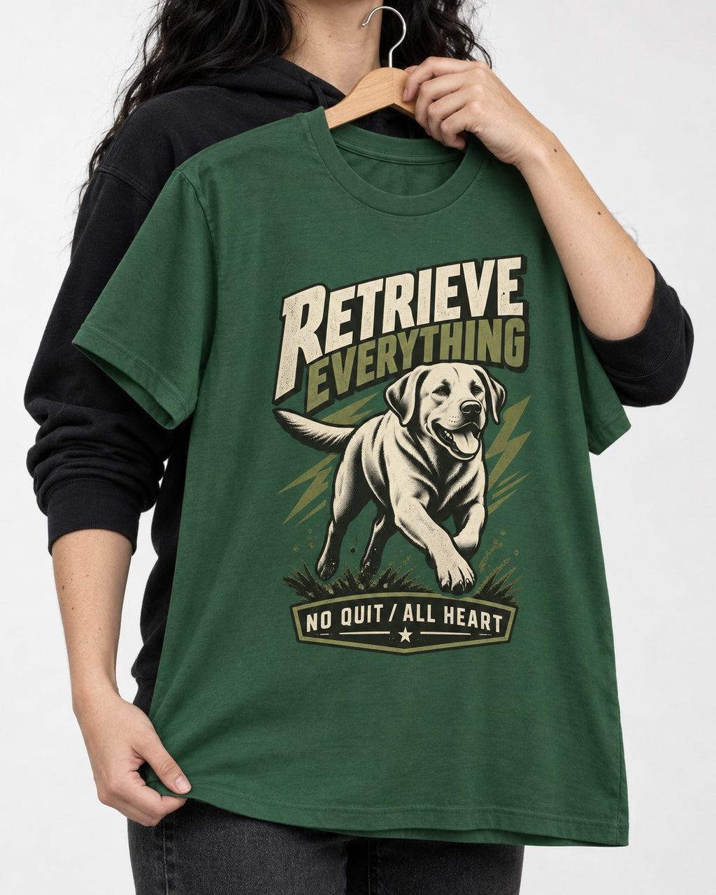 Labrador Retriever Retrieve Everything No Quit All Heart Running Graphic T-Shirt in Forest Green, held up on a hanger