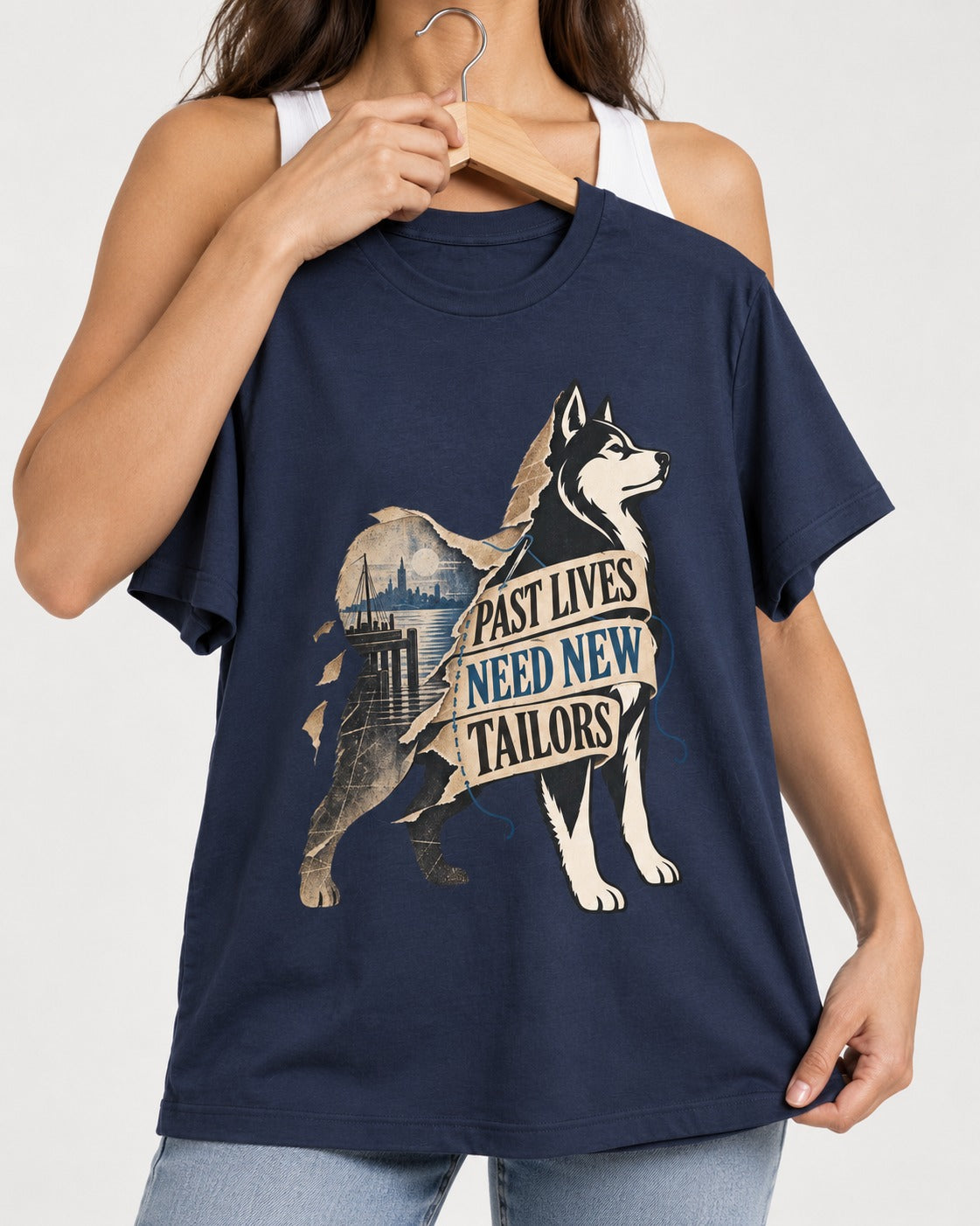 Husky Past Lives Need New Tailors Split Identity Graphic T-Shirt in Navy, held up on a hanger
