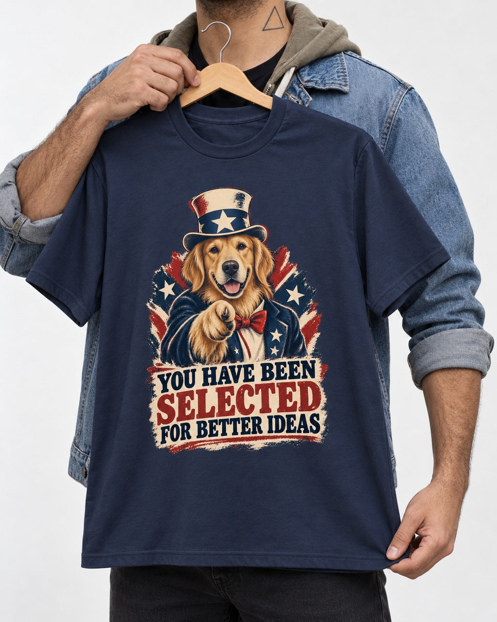 You Have Been Selected for Better Ideas Uncle Sam Golden Retriever Graphic T-Shirt in Navy, held up on a hanger