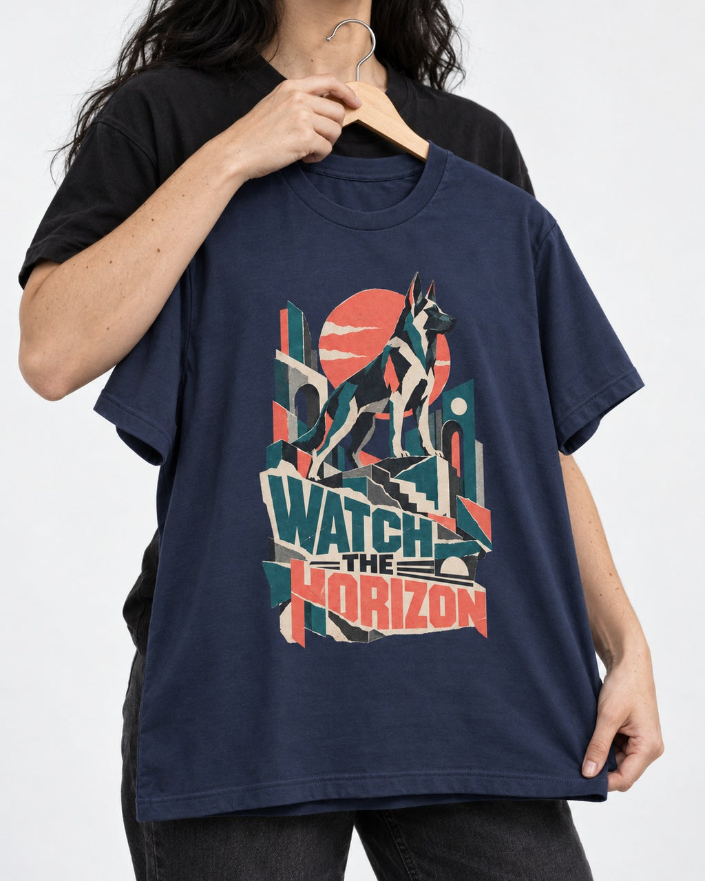 Watch The Horizon Cut Paper Cityscape German Shepherd Dog Graphic T-Shirt in Navy, held up on a hanger