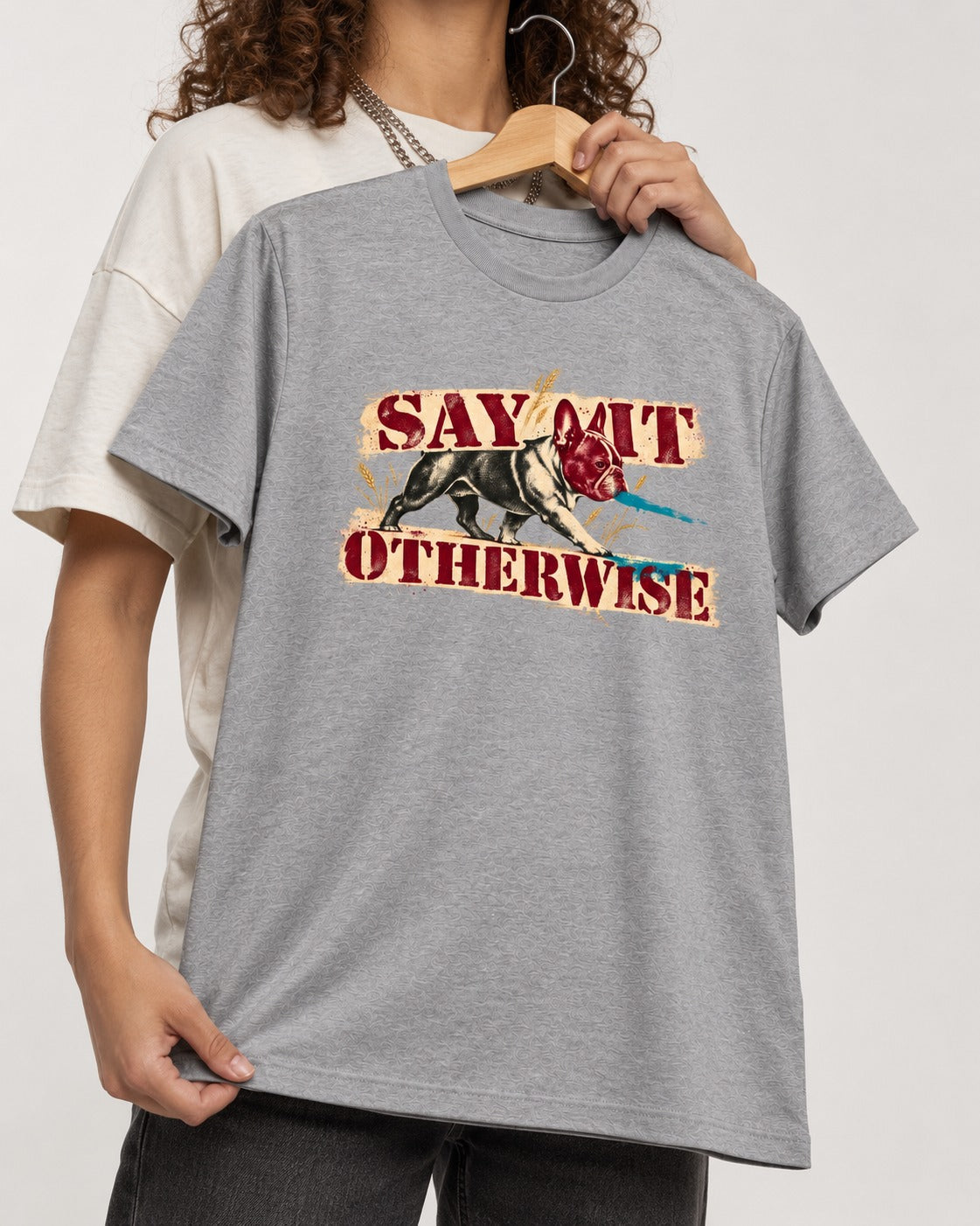 Say It Otherwise Frenchie T-Shirt in Sport Grey, held up on a hanger