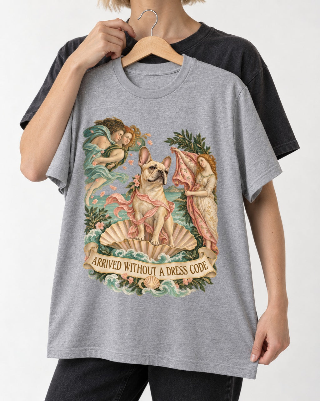 Frenchie Without a Dress Code T-Shirt in Sport Grey, held up on a hanger