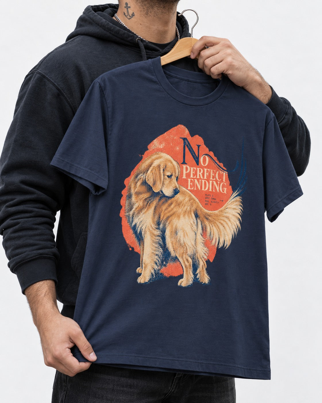 Golden Retriever No Perfect Ending Misregistration Graphic T-Shirt in Navy, held up on a hanger