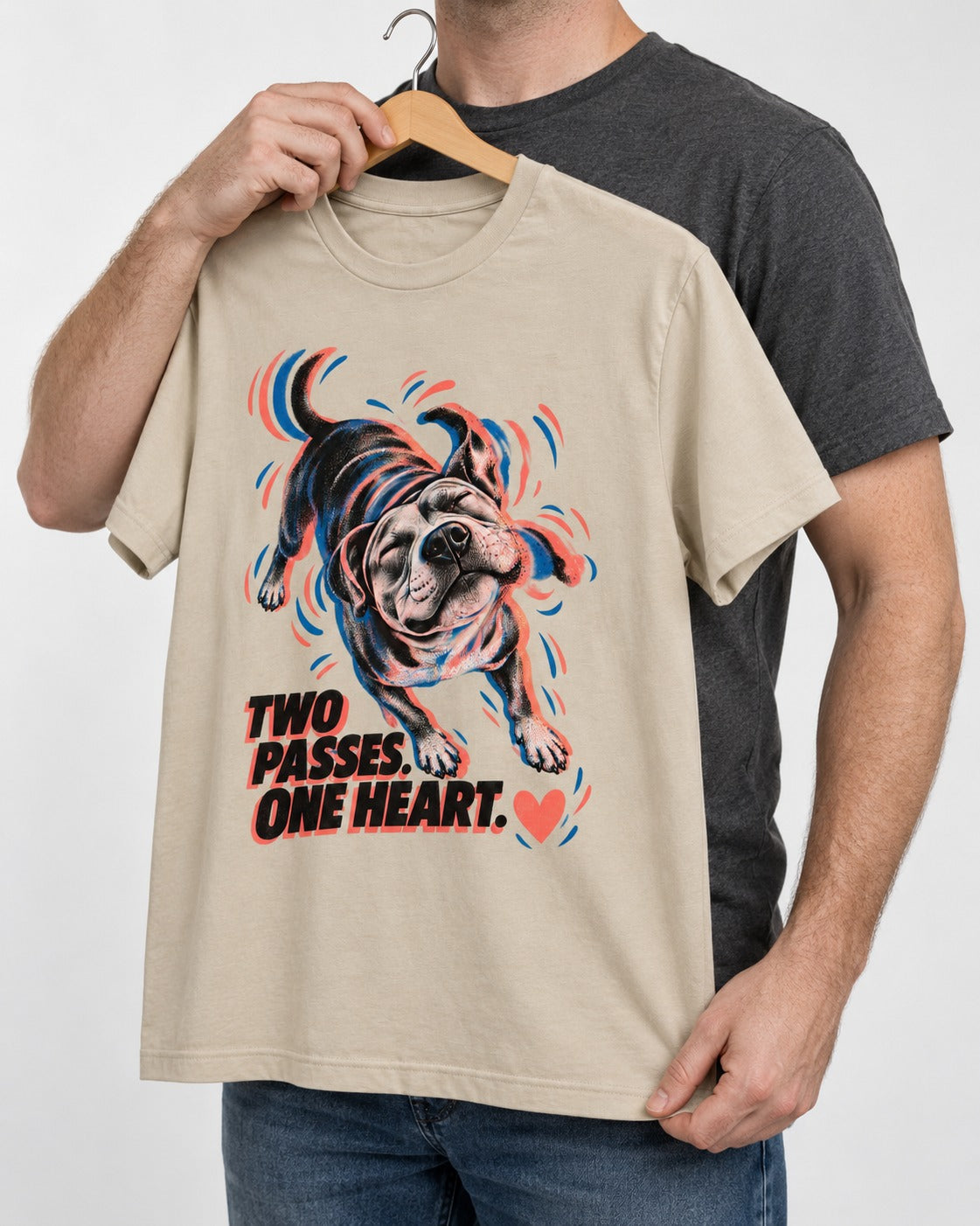 Two Passes One Heart Pitbull T-Shirt in Sand, held up on a hanger