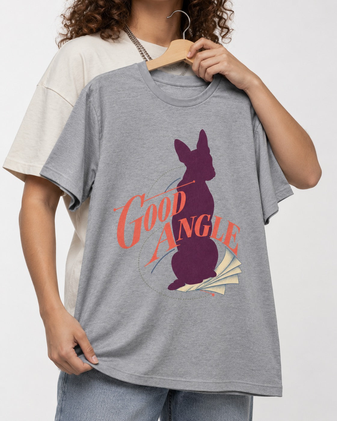 Good Angle Boston Terrier Paper Graphic T-Shirt in Sport Grey, held up on a hanger
