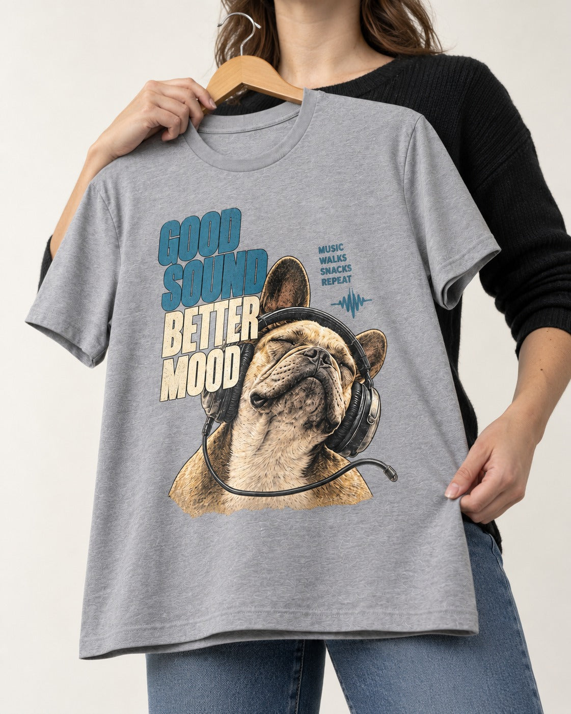 Frenchie Keep Your Angle Geometric Graphic T-Shirt in Navy, held up on a hanger