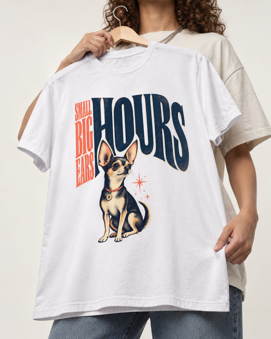 Chihuahua Small Big Ears Hours T-Shirt in White, held up on a hanger