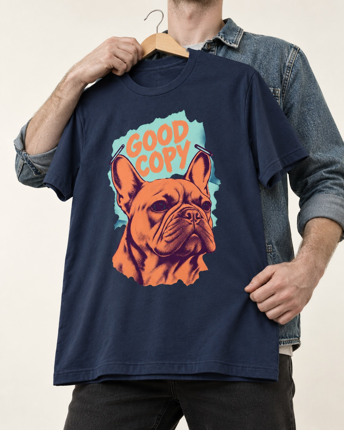 Frenchie Good Copy Stapled Zine Graphic T-Shirt in Navy, held up on a hanger