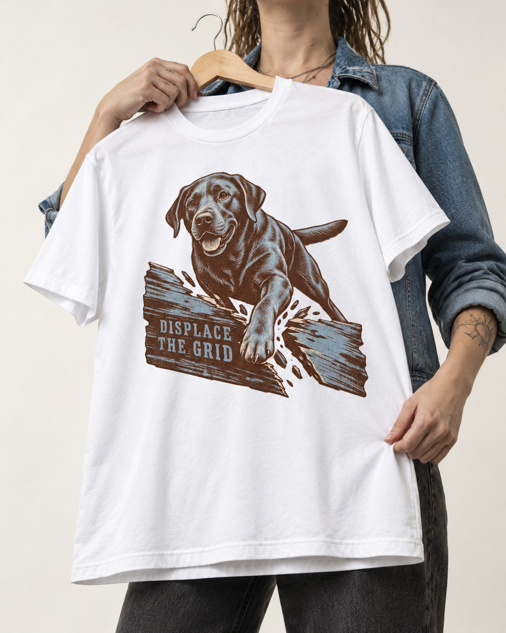 Labrador Retriever Displace the Grid Breaking Plank Graphic T-Shirt in White, held up on a hanger
