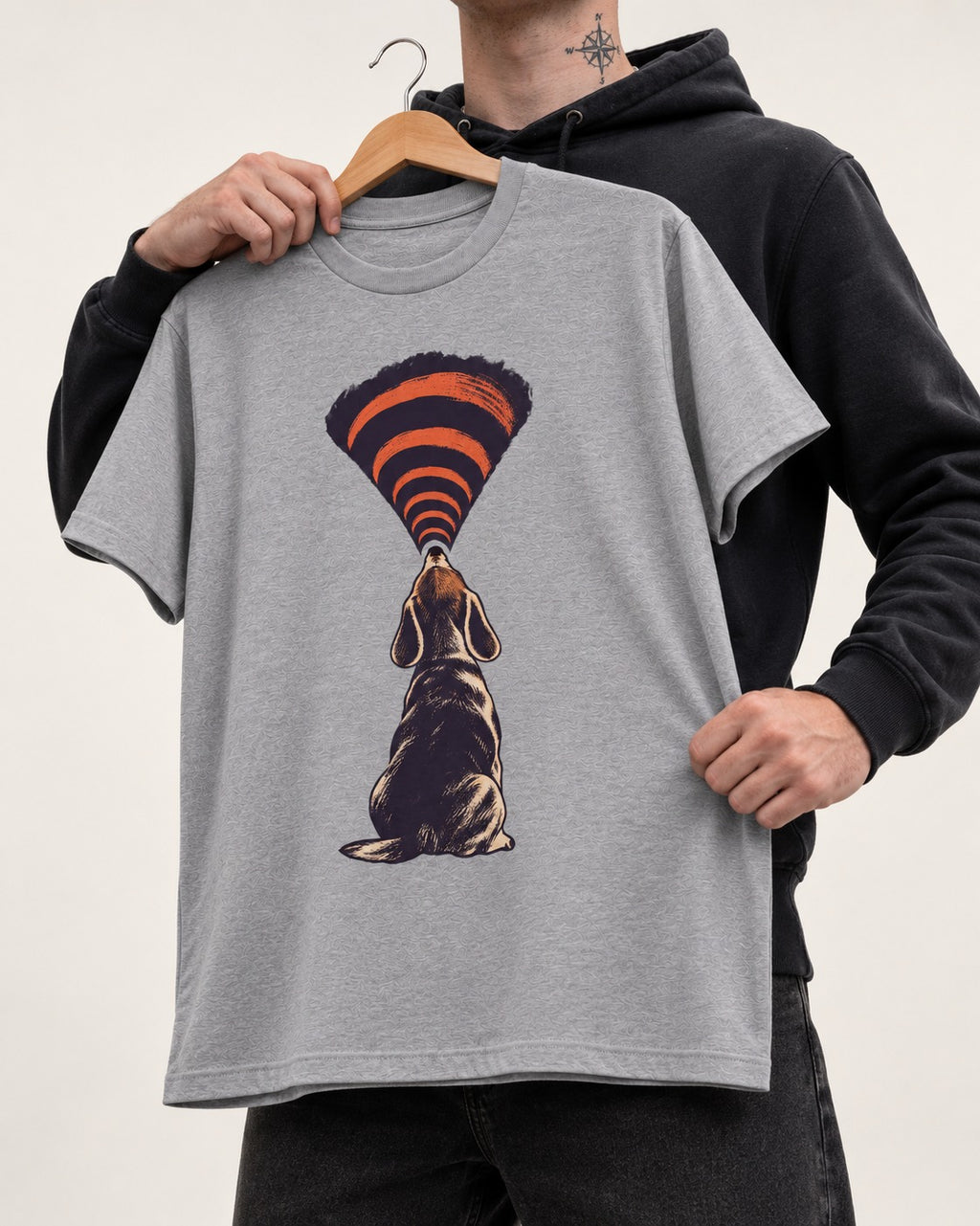 Beagle Broadcast T-Shirt in Sport Grey, held up on a hanger