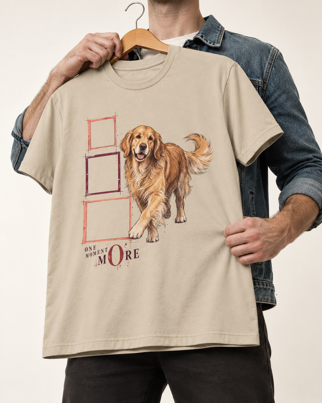 Golden Retriever One Moment More T-Shirt in Sand, held up on a hanger