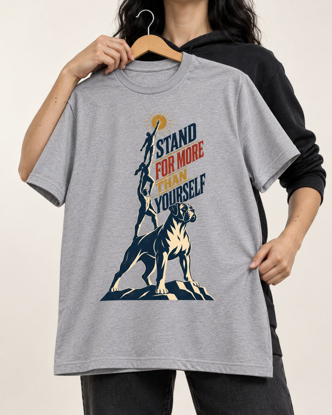 Boxer Stand for More T-Shirt in Sport Grey, held up on a hanger