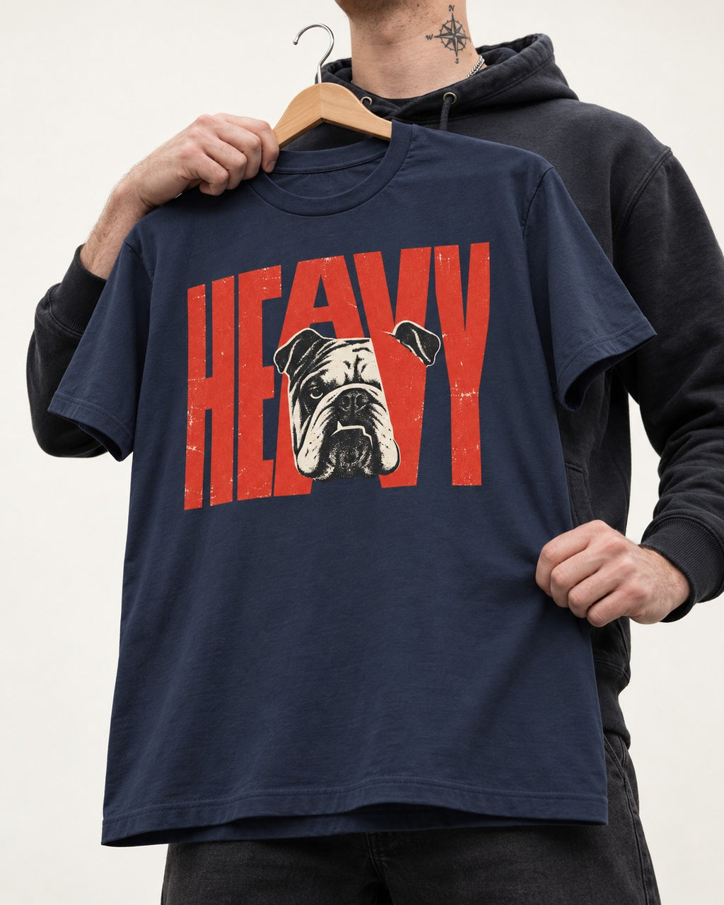 English Bulldog Heavy Stacked Portrait Graphic T-Shirt in Navy, held up on a hanger