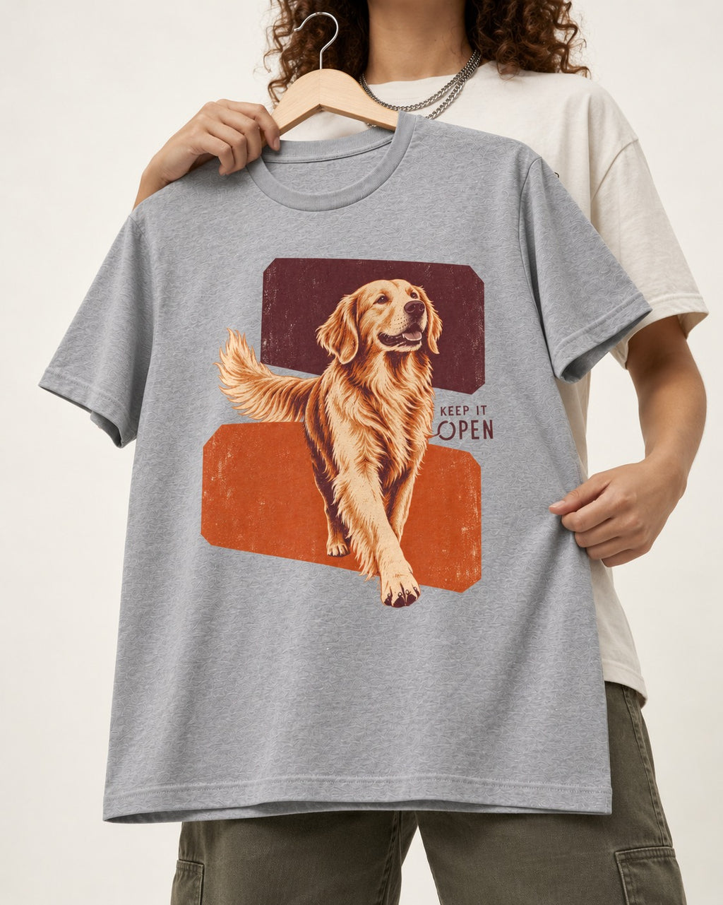 Golden Retriever Keep It Open T-Shirt in Sport Grey, held up on a hanger