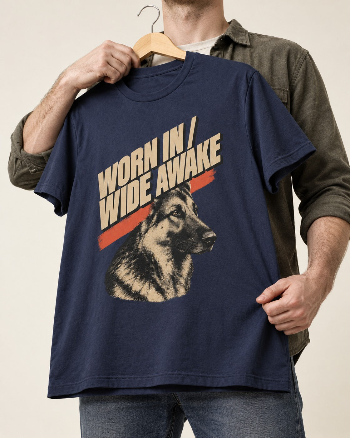 Worn In Wide Awake Portrait German Shepherd Dog Graphic T-Shirt in Navy, held up on a hanger