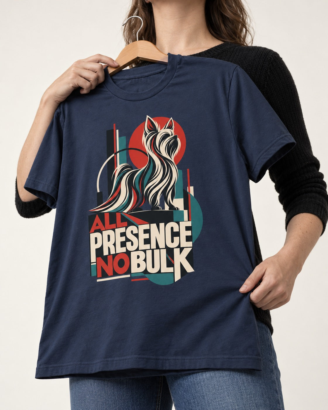 Yorkshire Terrier All Presence No Bulk Geometric Portrait Graphic T-Shirt in Navy, held up on a hanger