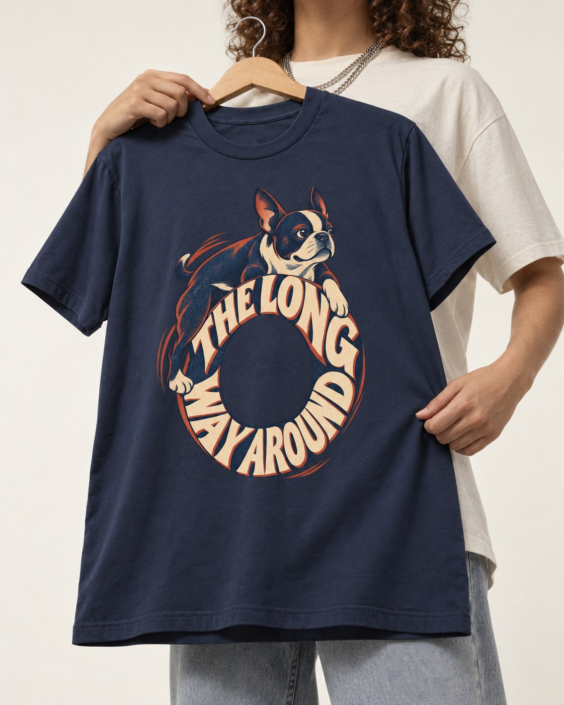 Boston Terrier the Long Way Around T-Shirt in Navy, held up on a hanger