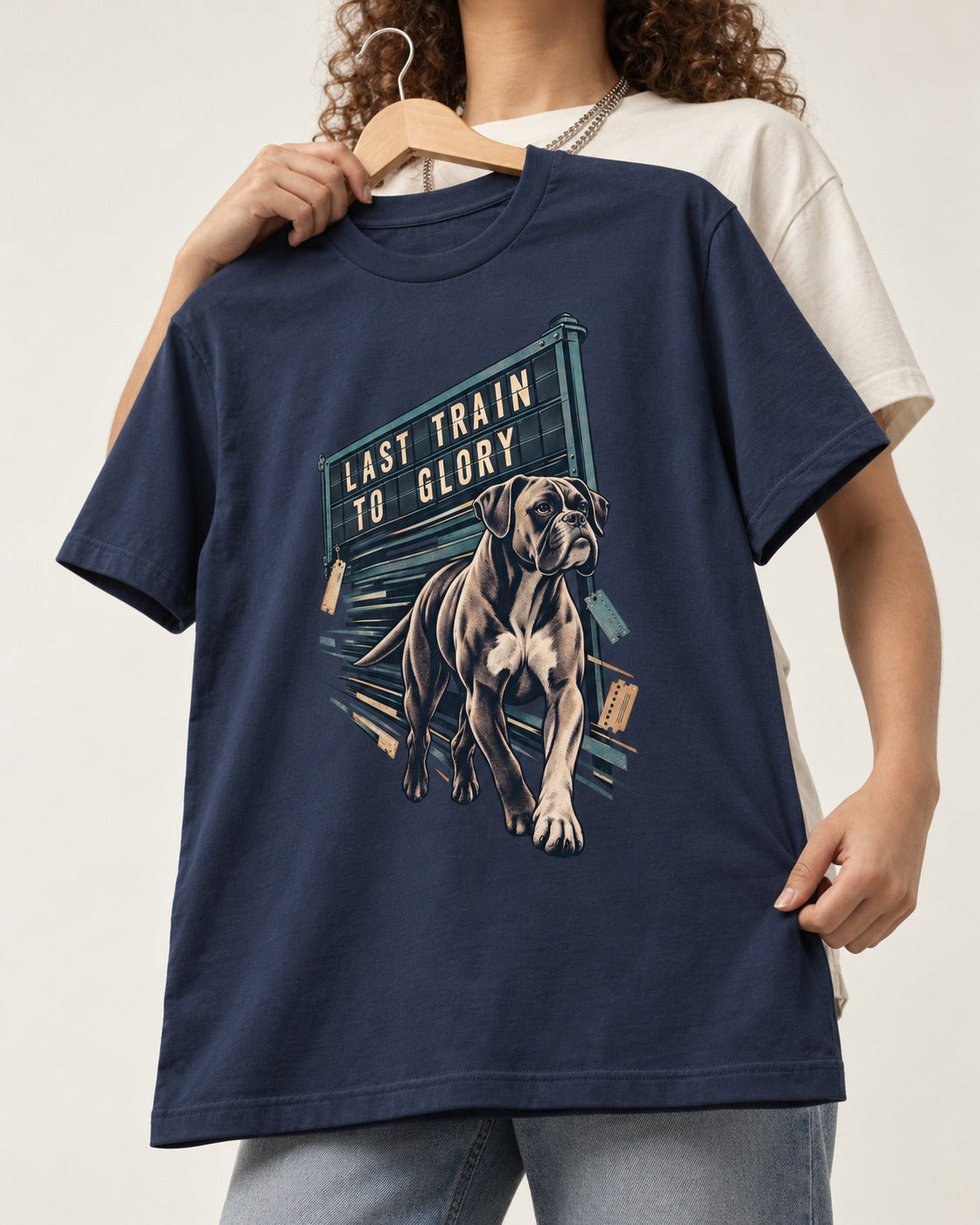 Last Train to Glory Boxer T-Shirt in Navy, held up on a hanger