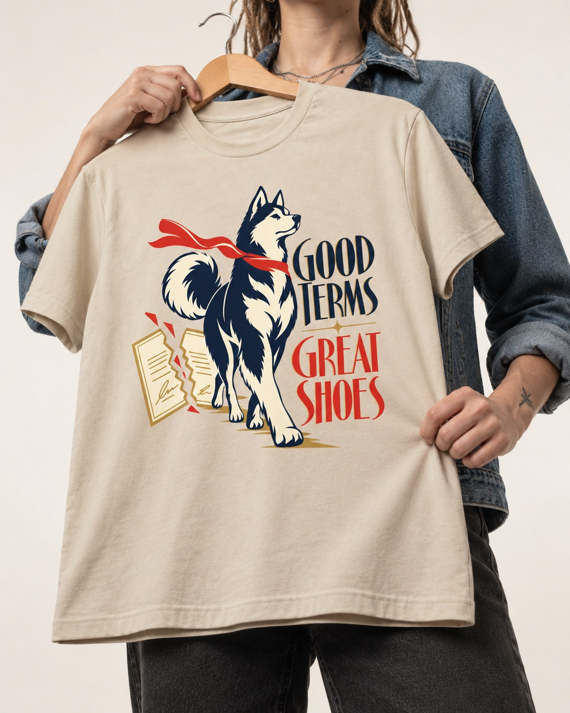 Husky Good Terms Great Shoes T-Shirt in Sand, held up on a hanger