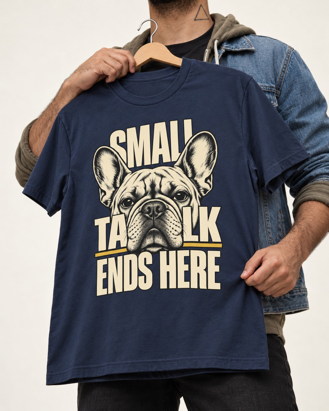 Frenchie Small Talk Ends Here Portrait Graphic T-Shirt in Navy, held up on a hanger