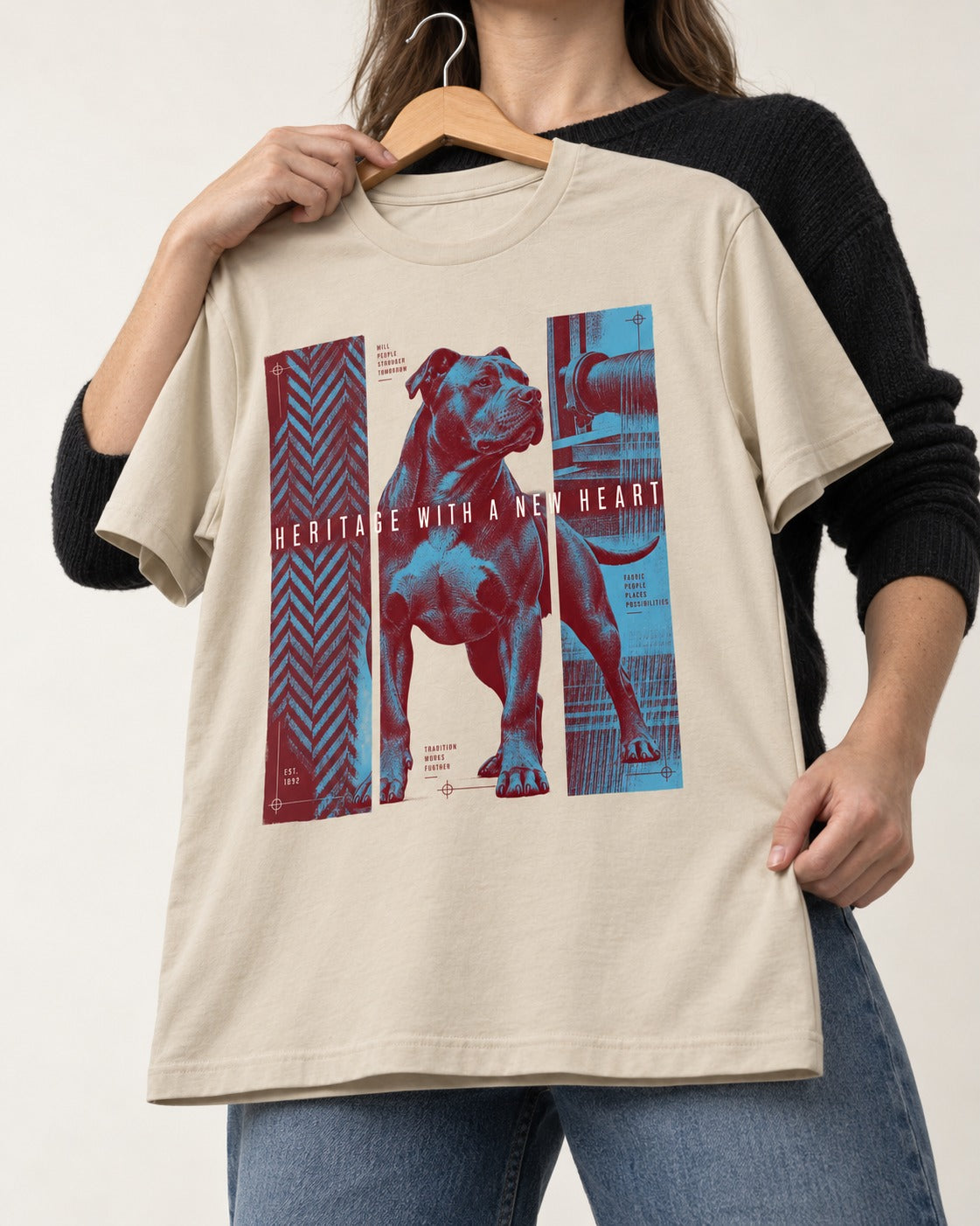 Pitbull Heritage with New Heart T-Shirt in Sand, held up on a hanger
