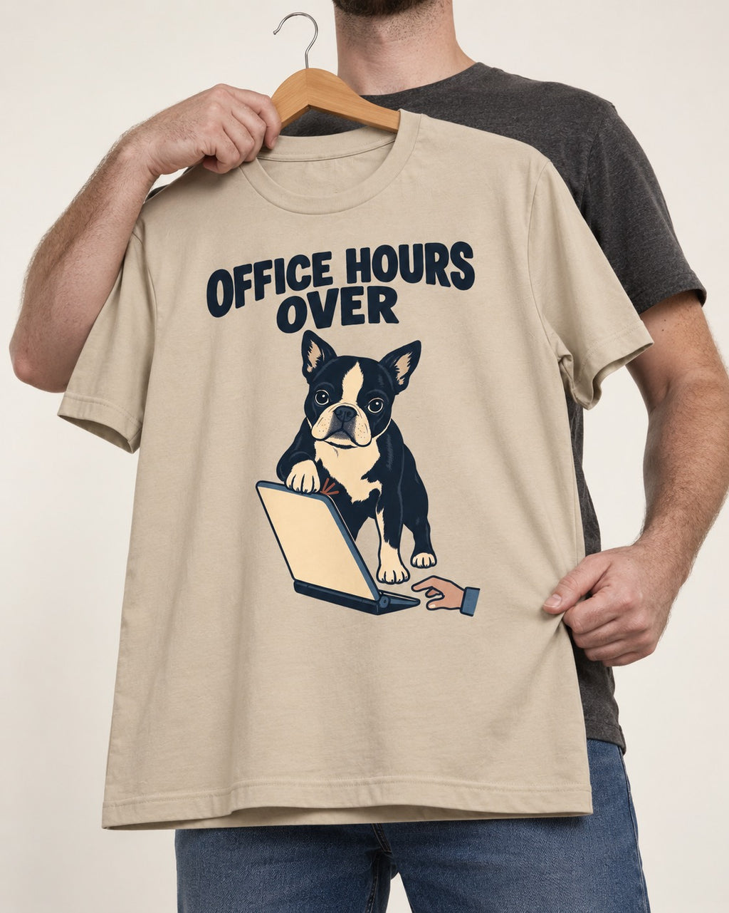 Boston Terrier Office Hours Over T-Shirt in Sand, held up on a hanger