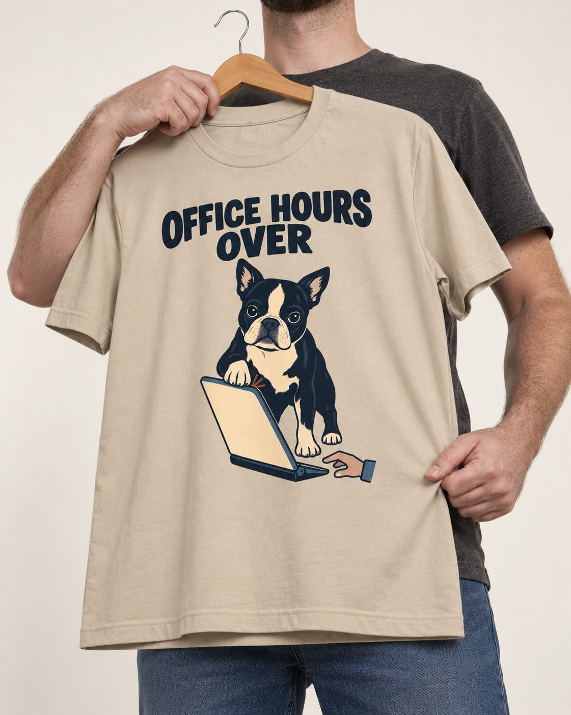 Boston Terrier Office Hours Over T-Shirt in Sand, held up on a hanger