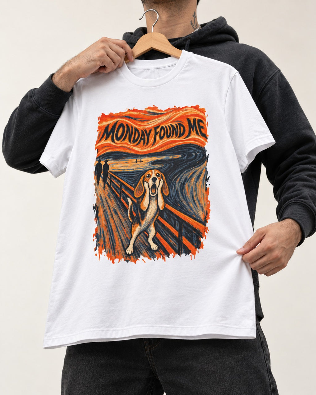Monday Found Me Beagle Scream Scene T-Shirt in White, held up on a hanger