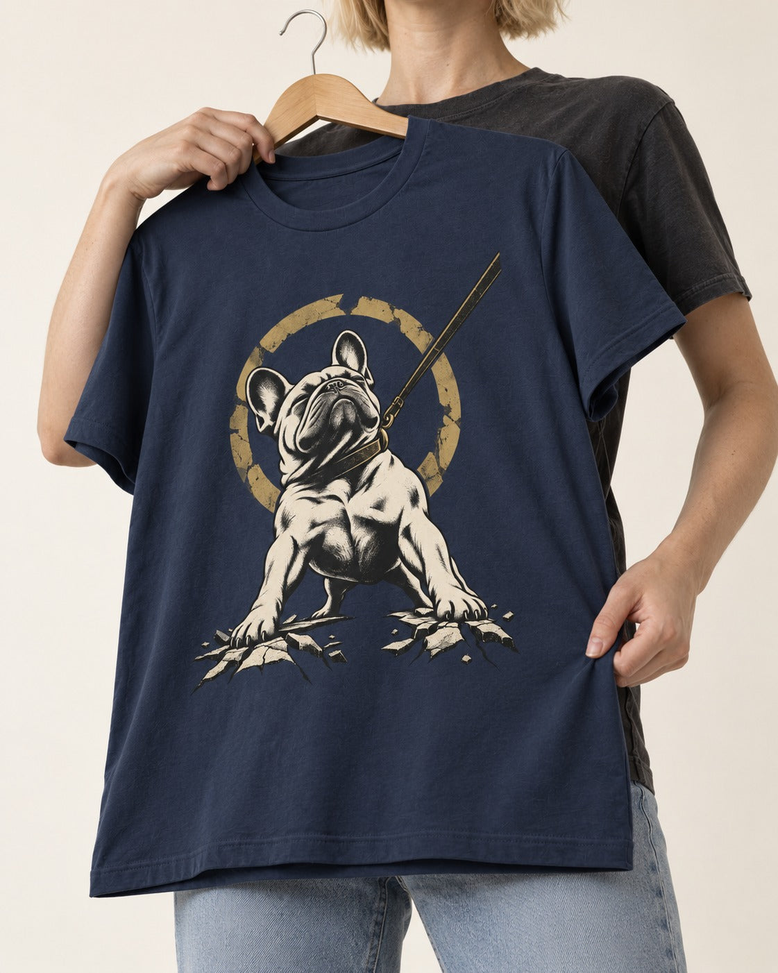 Frenchie Stubborn Leash Monument Graphic T-Shirt in Navy, held up on a hanger