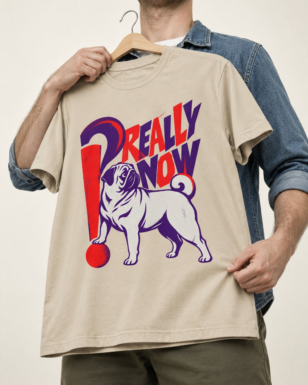 Really Now Pug T-Shirt in Sand, held up on a hanger