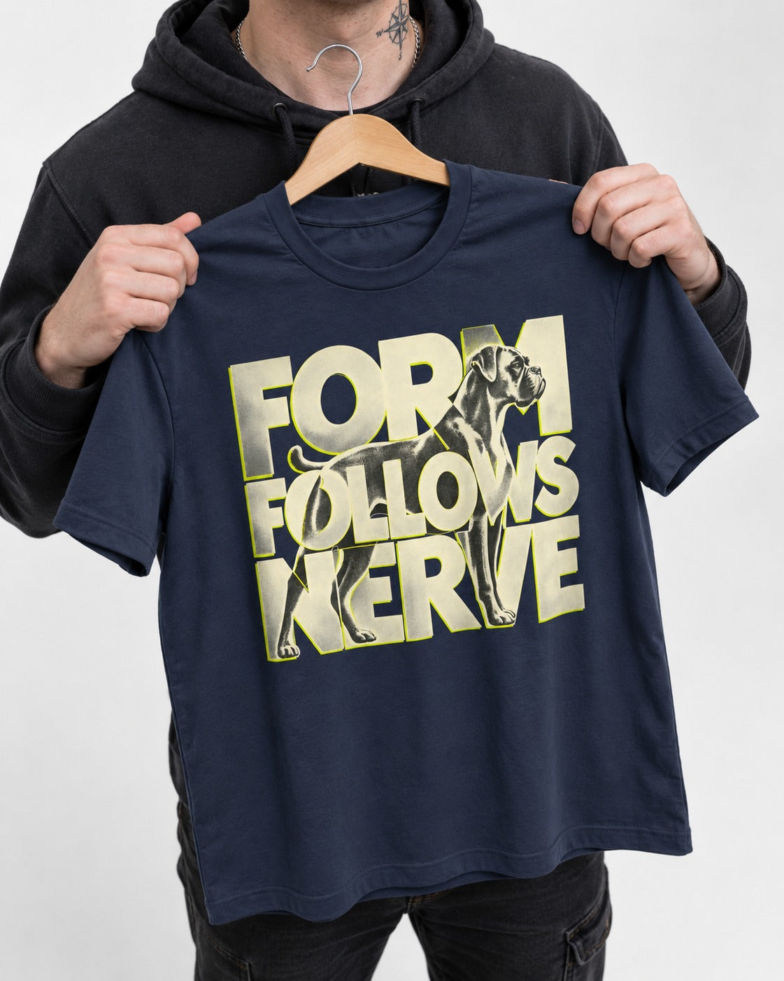 Form Follows Nerve Boxer Typography T-Shirt in Navy, held up on a hanger