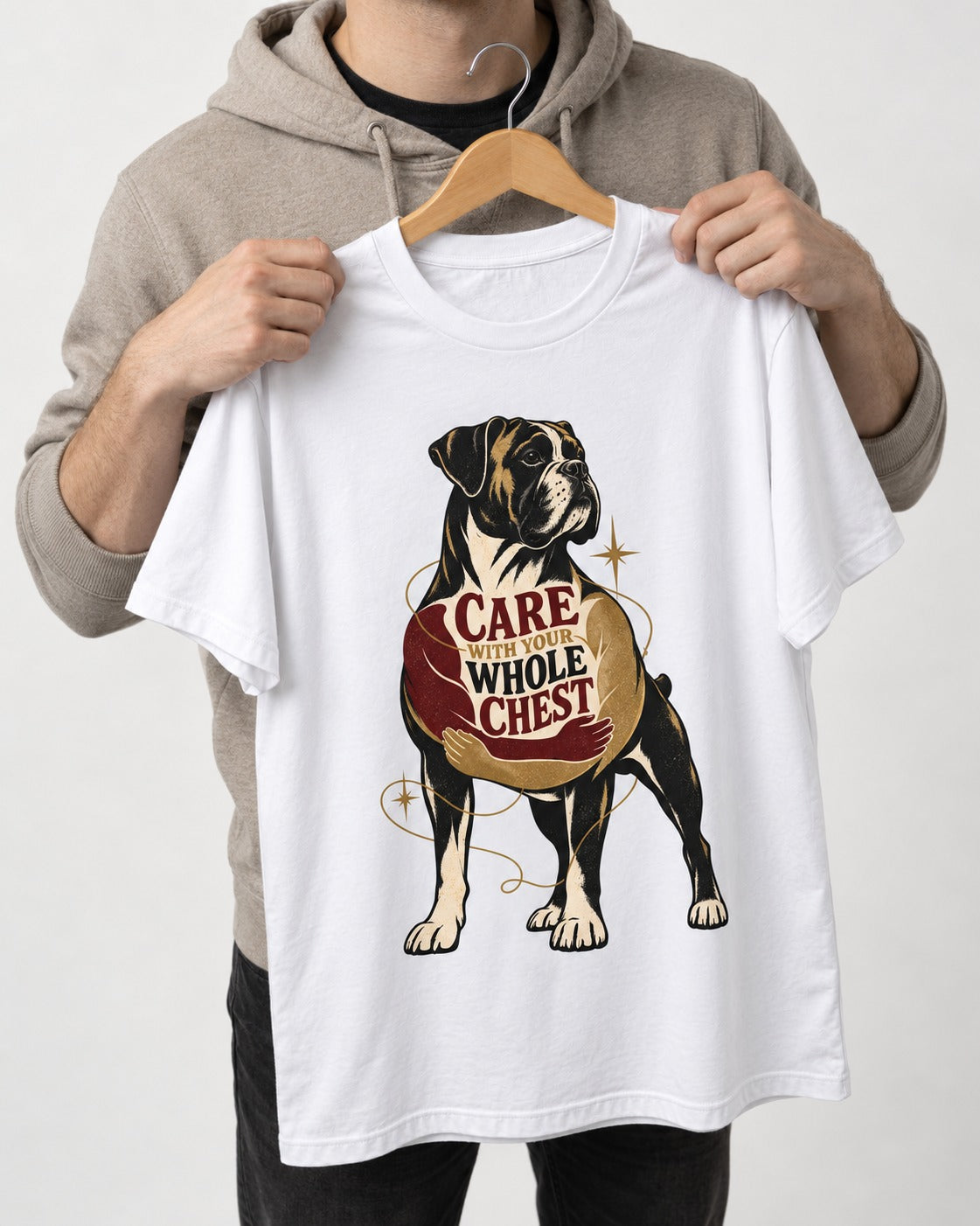 Boxer Care With Your Whole Chest T-Shirt in White, held up on a hanger