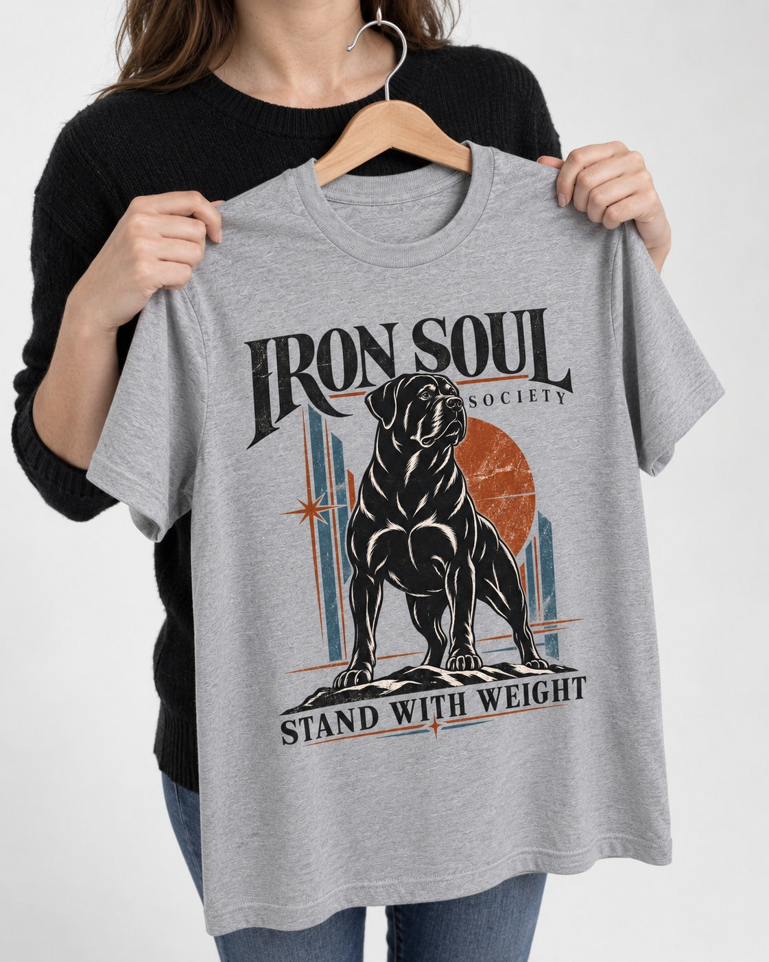 Rottweiler Iron Soul Society T-Shirt in Sport Grey, held up on a hanger