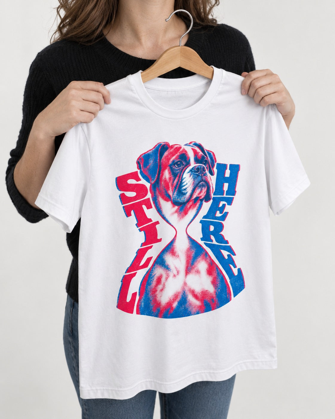 Stay Here Boxer Duotone Portrait T-Shirt in White, held up on a hanger