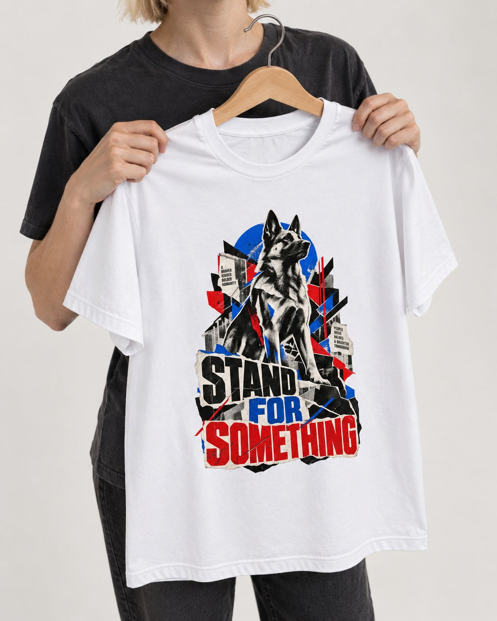 Stand For Something Brutalist Collage German Shepherd Dog Graphic T-Shirt in White, held up on a hanger