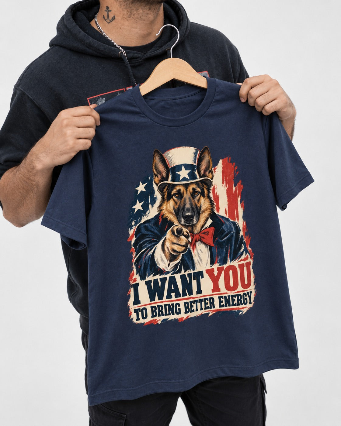 German Shepherd Dog I Want You to Bring Better Energy Poster T-Shirt in Navy, held up on a hanger