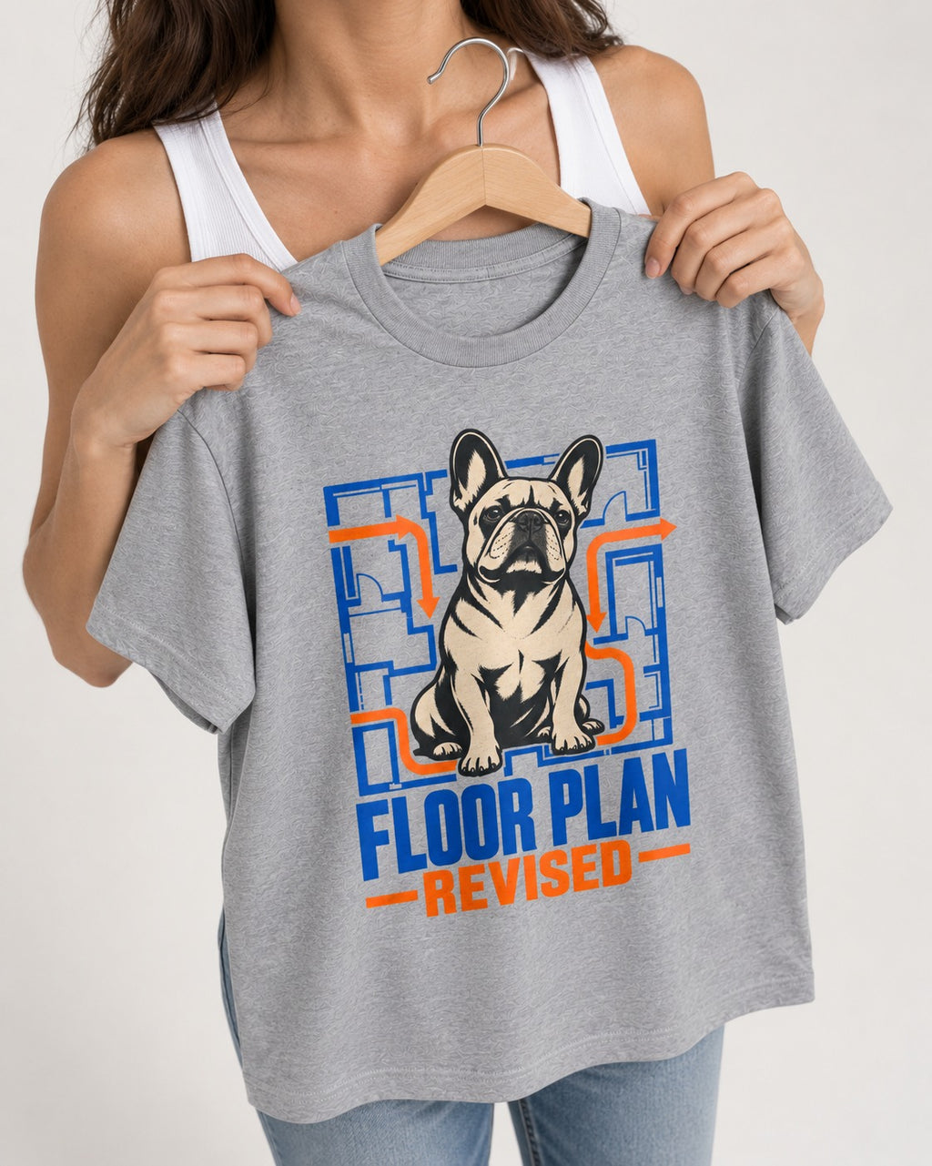 Frenchie Floor Plan Revised T-Shirt in Sport Grey, held up on a hanger
