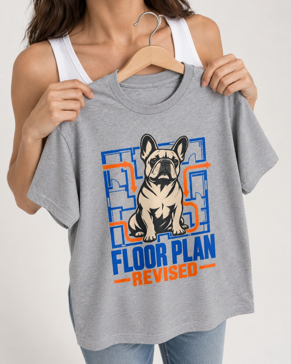 Frenchie Floor Plan Revised T-Shirt in Sport Grey, held up on a hanger