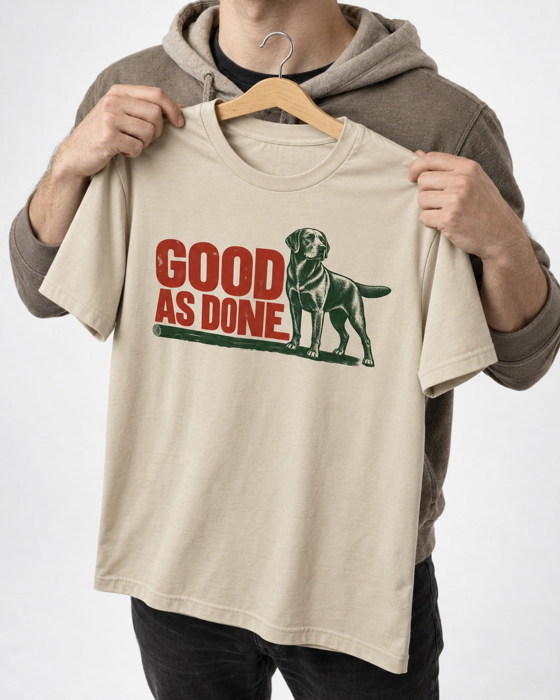 Good as Done Labrador Retriever T-Shirt in Sand, held up on a hanger