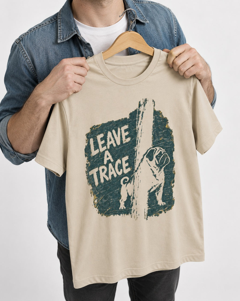 Pug Leaves a Trace T-Shirt in Sand, held up on a hanger