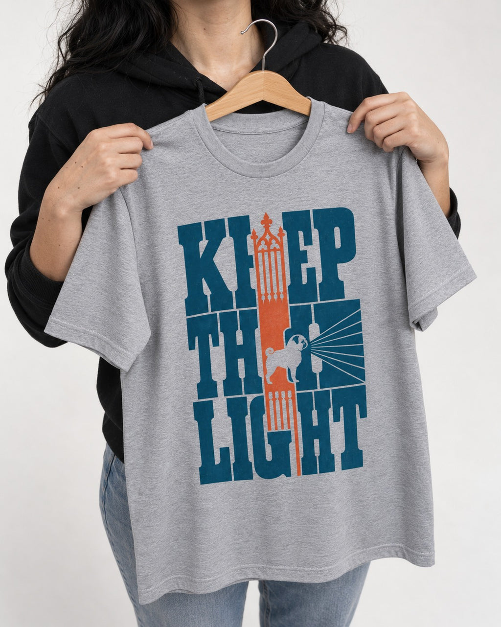 Keep the Pug Fight T-Shirt in Sport Grey, held up on a hanger