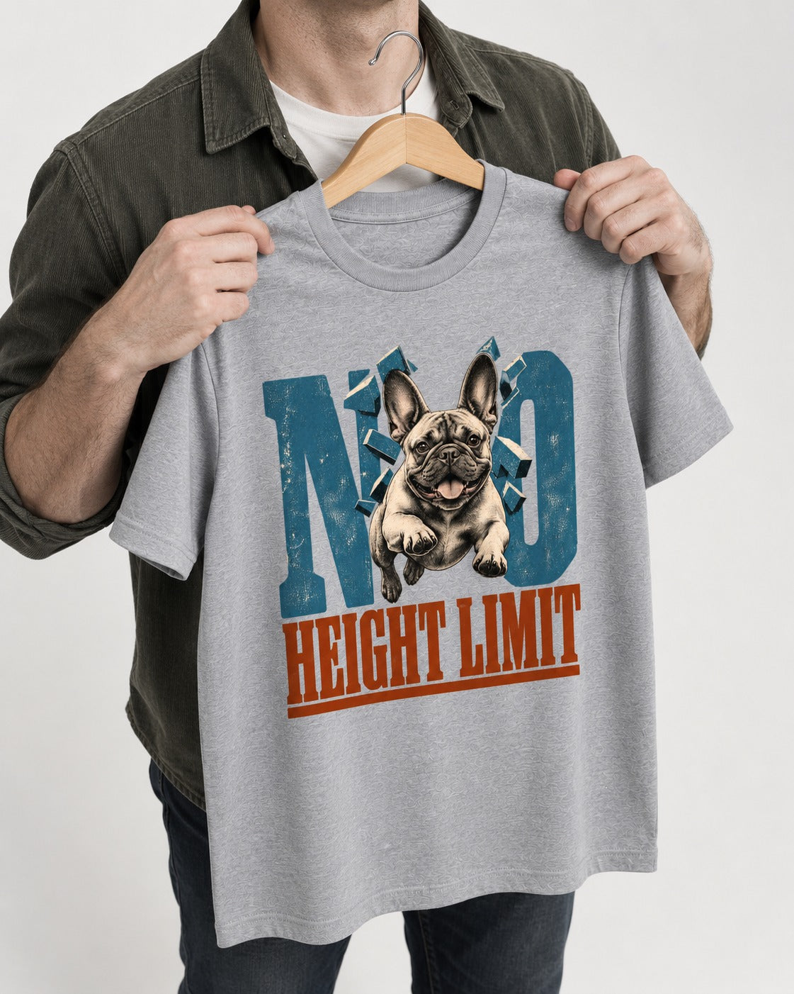 No Height Limit Frenchie T-Shirt in Sport Grey, held up on a hanger