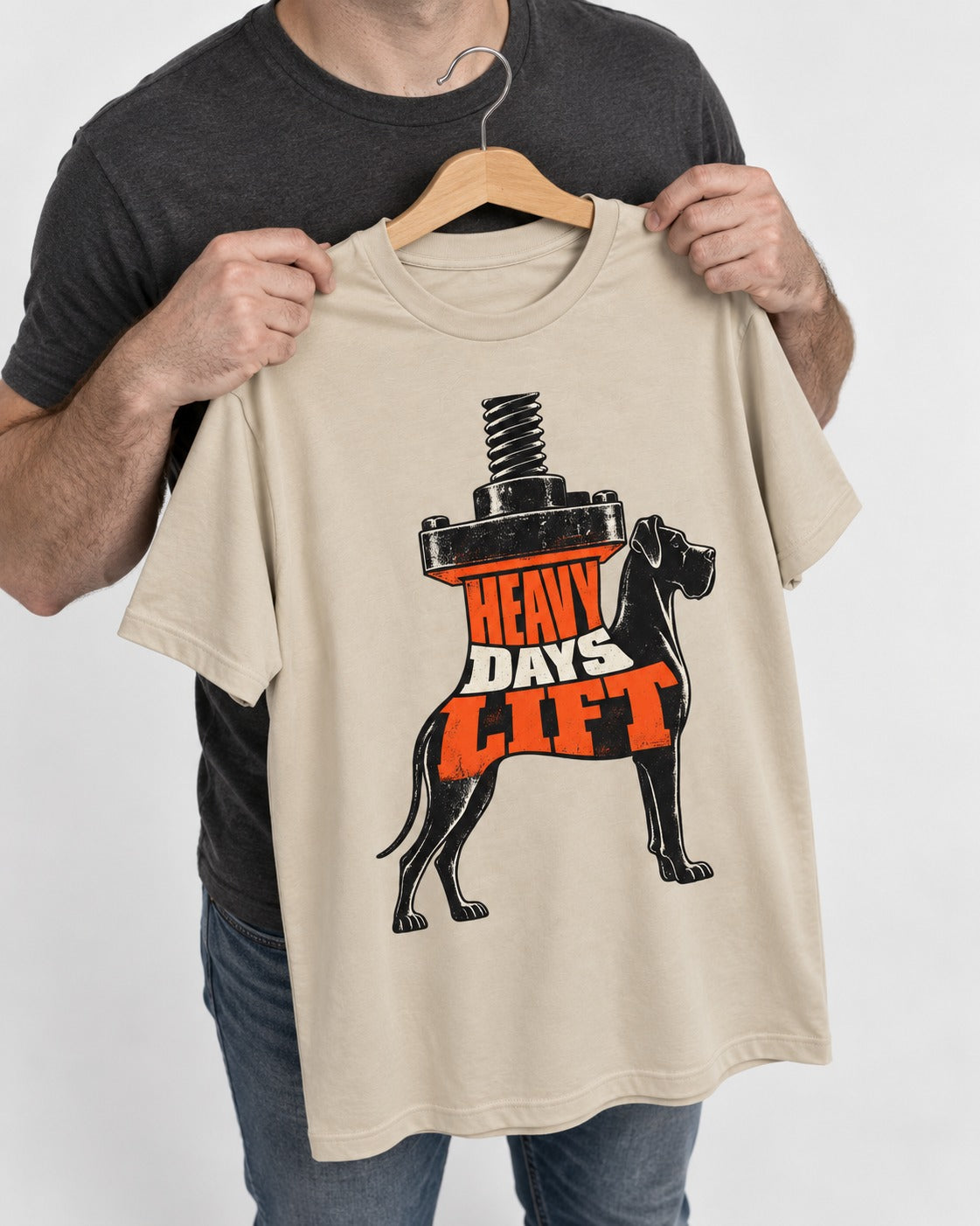 Great Dane Heavy Days Lift T-Shirt in Sand, held up on a hanger