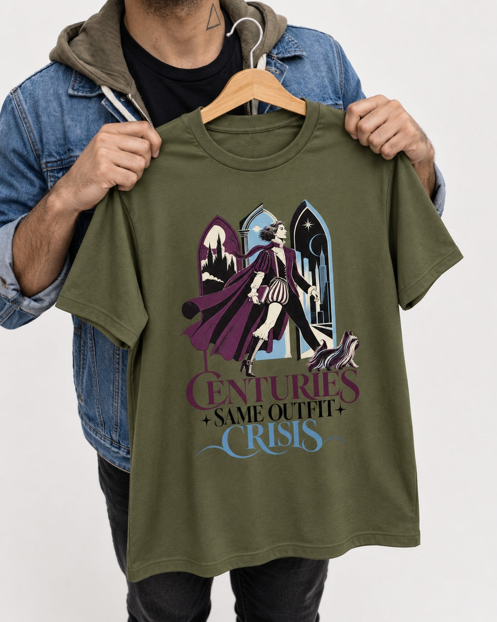 Yorkshire Terrier Centuries Same Outfit Crisis Gothic Graphic T-Shirt in Heather Military Green, held up on a hanger