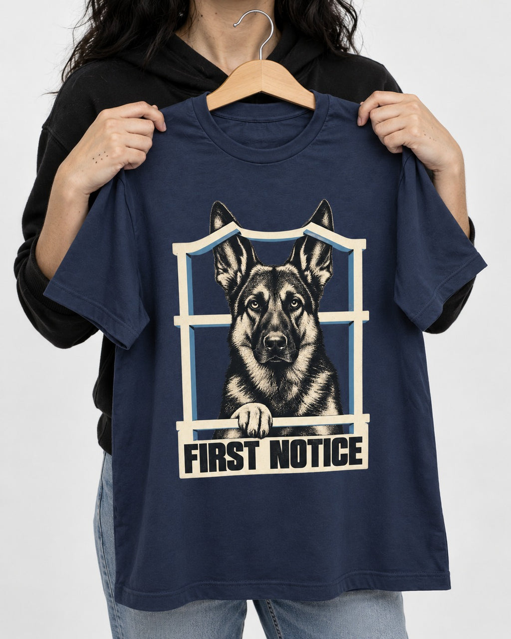First Notice Window German Shepherd Dog Graphic T-Shirt in Navy, held up on a hanger