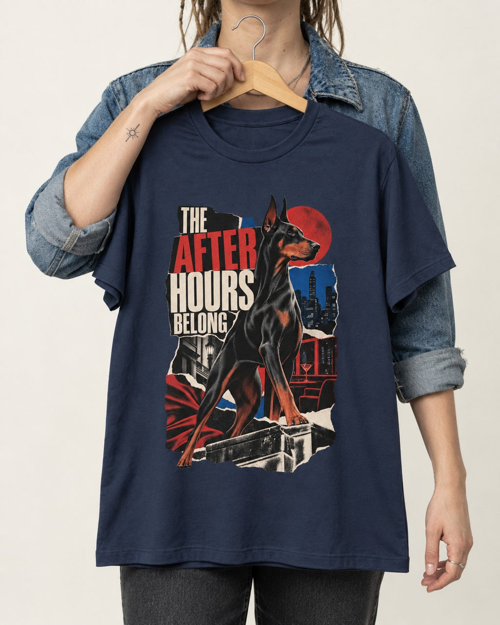 Doberman The After Hours Belong City Collage T-Shirt in Navy, held up on a hanger
