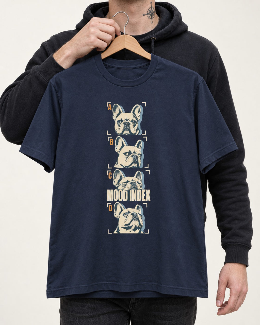 Frenchie Mood Index Four-Panel Strip Graphic T-Shirt in Navy, held up on a hanger