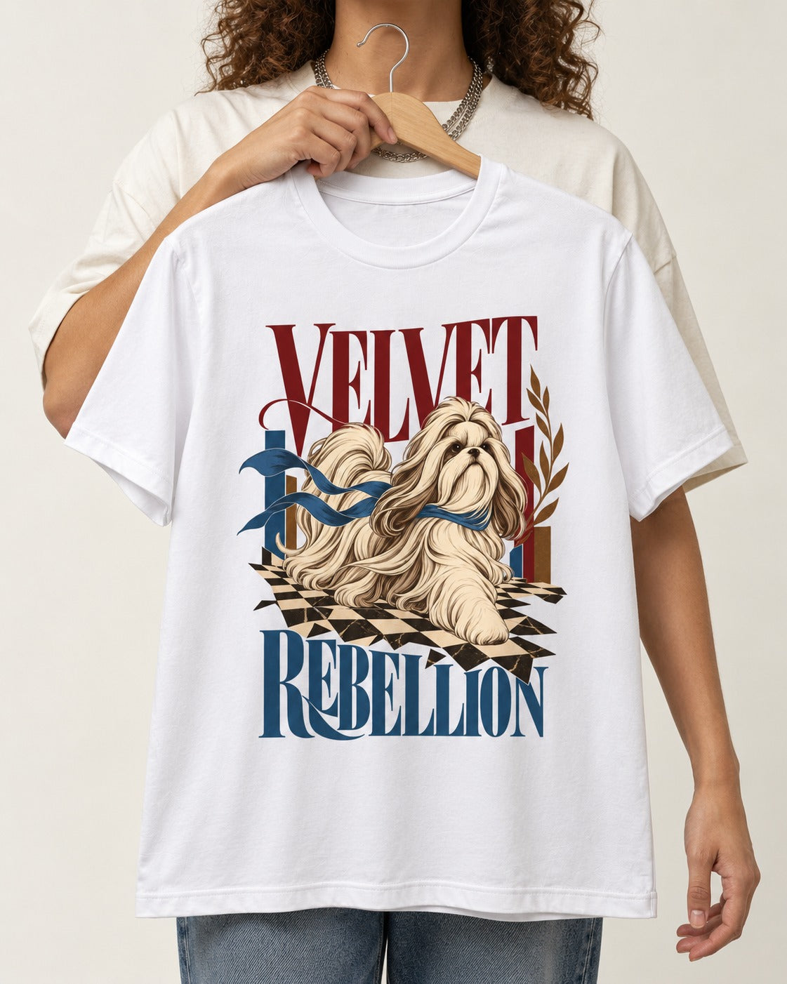 Shih Tzu Velvet Rebellion Checkerboard Graphic T-Shirt in White, held up on a hanger