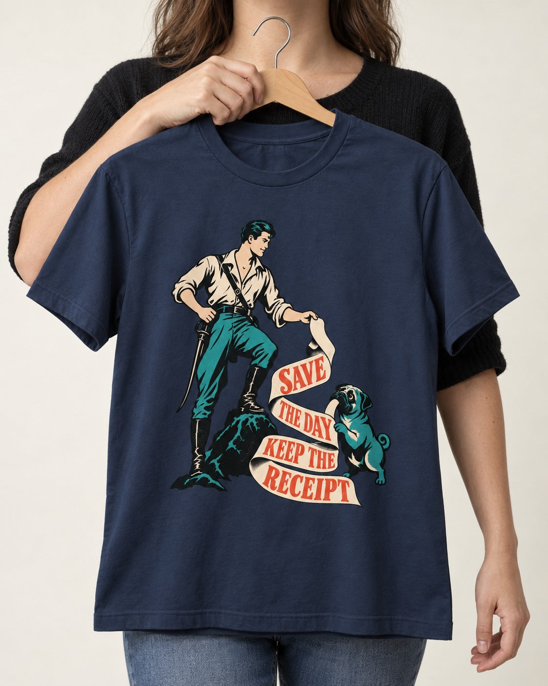 Pug Save the Day Keep the Receipt Hero Graphic T-Shirt in Navy, held up on a hanger